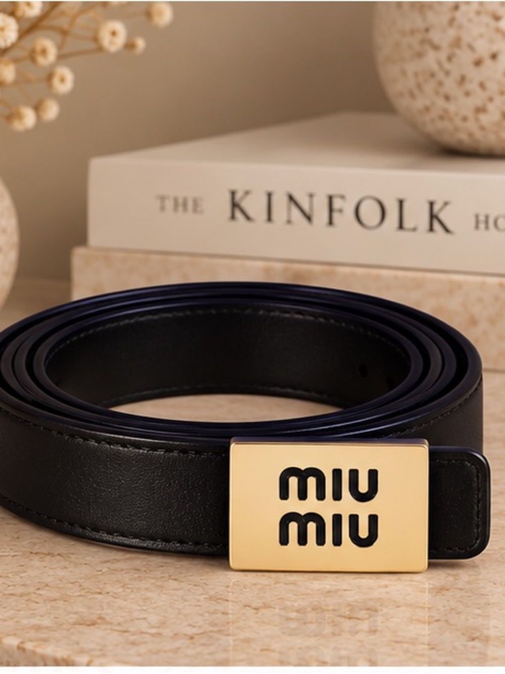 Designer Inspired Black Belt Gold Logo Buckle